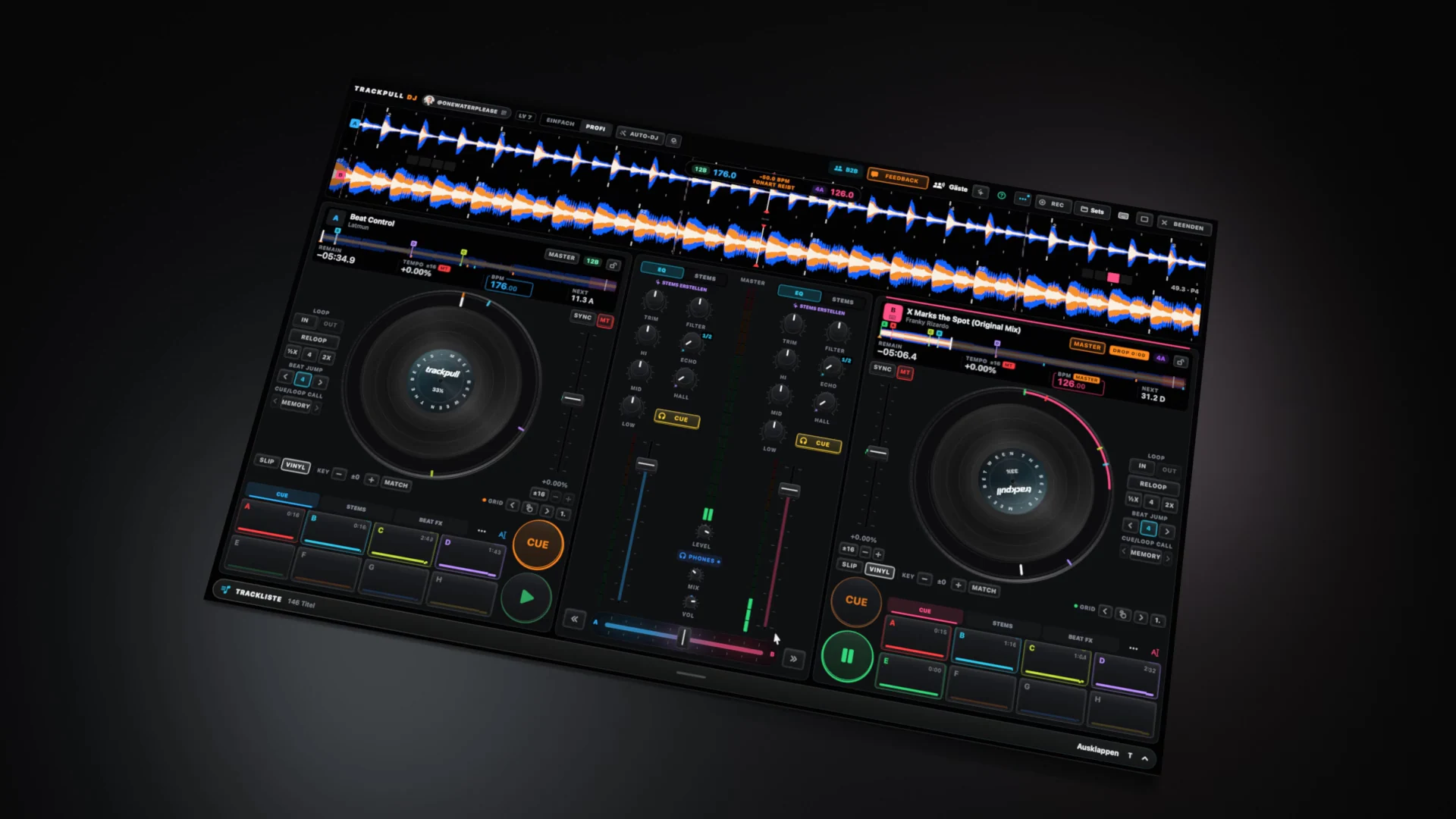Trackpull DJ with two decks, controls and glowing waveforms.